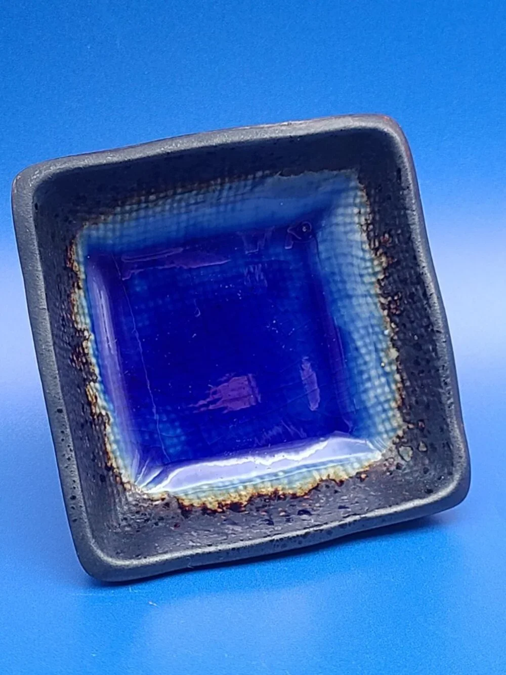 Kotobuki Japan Vintage Square Footed Crackled Trinket Dish BLUE 2.75" - Picture 6 of 9